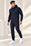 Men's Hooded Relaxed Fit Cotton Fleece-Lined Tracksuit Set, Navy - 5