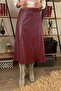 Swarıus Asymmetrical Sewing Detailed Women's Leather Skirt Claret Red - 2