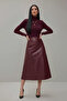 Swarıus Asymmetrical Sewing Detailed Women's Leather Skirt Claret Red
