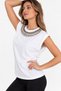 Women's Design T-Shirt with Stone and Bead Embroidery Detail, Low Double Sleeves, White Blouse