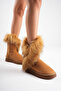 Women's Tan Suede Fur Detailed 5cm Thick Sole Winter Casual Boots