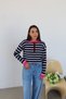 Navy Blue Striped Polo Collar Button Detailed Knit Sweater - 269223