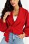Women's Red Belted Jacket Shawl Collar Balloon Sleeve Adjustable Waist Stylish Jacket - 5