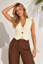 Cream Knitwear Fabric V-Neck Design Button Detailed Sleeveless Vest Blouse 9902 - 7