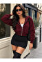 Burgundy Crop Hooded Zippered Short Cardigan - 2