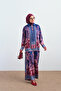 Women's Brit Buttoned Ethnic Patterned Shirt Collar Satin Suit Navy Blue