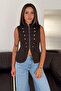 Women's Zippered Epaulet Vest Jacket with Steel Button Detail - 3