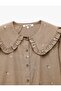 Floral Embroidered Buttoned Long Sleeve Ruffled Peter Pan Collar Striped Shirt - 7