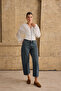 Women's White Agraf Detailed Corseted V-Neck Balloon Sleeve Blouse