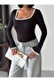 Women's Black Square Neck Spanish Sleeve and Collar Lace Sandy Fabric Long Sleeve Blouse - 2