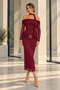 Women's Boat Neck Draped Long Sleeve Midi Dress with Gold Accessories - Burgundy