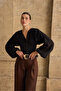 Women's Black Agraf Detailed Corseted V-Neck Balloon Sleeve Blouse - 4