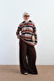 Women's Thin Striped Half-Button Sweatshirt Brown - 3