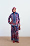 Women's Brit Buttoned Ethnic Patterned Shirt Collar Satin Suit Navy Blue - 2