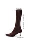 Brown Suede Stretch Thin Heeled Women's Boots - 4