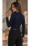 Women's Navy Blue Self-Zebra Patterned Boat Neck Long Sleeve Sandy Fabric Blouse with Side Gathered Detail - 7