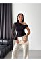 Women's Black Boat Neck Single Sleeve Chiffon Sandy Fabric Long Sleeve Blouse - 6