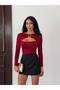 Women's Burgundy Front Buckle Sandy Fabric Long Sleeve Blouse - 2