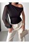 Women's Black Boat Neck Single Sleeve Chiffon Sandy Fabric Long Sleeve Blouse - 3