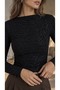 Women's Black Self-Zebra Patterned Boat Neck Long Sleeve Sandy Fabric Blouse with Side Gathered Detail - 4