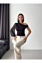Women's Black Boat Neck Single Sleeve Chiffon Sandy Fabric Long Sleeve Blouse - 5