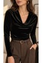 Women's Black Velvet Fabric Degaje Collar Long Sleeve Blouse - 4