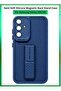 Semi Soft Silicone Magnetic Back Stand Case With Foldable Kickstand & Finger Strap For Samsung Galaxy A56 5G- Blue