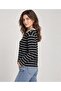 Women's Black Crew Neck Striped Combed Cotton Blouse - 5