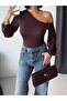 Women's Bitter Brown One Shoulder Open Sleeve Chiffon Balloon Sleeve Sandy Fabric Blouse - 3