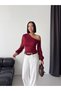 Women's Burgundy One-Shoulder Open Sleeve Chiffon Balloon Sleeve Sandy Fabric Blouse - 5