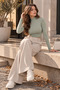 Women's Mint Color High Neck Backless Long Sleeve Camisole Fabric Blouse - 6