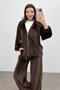 Women's Brown Soft Textured Velvet Hooded Zippered Wide Leg Two-Piece Set - 2