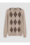 Özmarka New Season Beige Crew Neck Diamond Patterned Knitwear Men's Sweater - 4