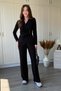 Double-Breasted Collar Black Trousers and Blouse Set with Waist Accessories - 8
