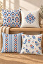 Blue Orange Ethnic Tile Pattern 4 Pillow Covers 1 Runner 5 Piece Set - 2