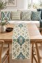 Petrol Beige Damask Geometric Patterned 4 Throw Pillow Covers 1 Runner 5 Piece Set