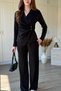 Double-Breasted Collar Black Trousers and Blouse Set with Waist Accessories - 7