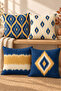 Navy Blue Mustard Ikat Geometric Patterned 4 Throw Pillow Covers 1 Runner 5 Piece Set - 3