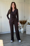 Double-Breasted Collar Brown Trousers and Blouse Set with Waist Accessories - 7