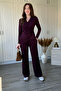 Double-Breasted Collar Burgundy Trousers and Blouse Set with Waist Accessories - 7