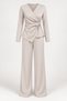 Double-Breasted Collar Beige Trousers and Blouse Set with Waist Accessories - 2