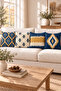 Navy Blue Mustard Ikat Geometric Patterned 4 Throw Pillow Covers 1 Runner 5 Piece Set - 2