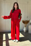 Modal Fabric 3-Piece Long Red Cardigan Pants Blouse Set - 2