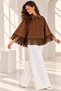 Women's Brown Suede Look Tasseled Cape with Bird's Eye Detail Poncho - 4