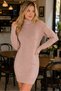Women's Long Sleeve Turtleneck High Neck Front Back Hairnet Thessaloniki Knit Patterned Links Detailed Stylish Elegant Casual Powder Knitwear Mini Tunic Dress - 2