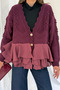 Women's Layered Chiffon Skirted Floral Embossed Gold Buttoned Knitwear Cardigan 1107 - Plum - 4