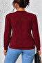 Women's V-Neck Long Sleeve Knitted Patterned Burgundy Knitwear Sweater - 5