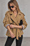 Tan Double-Breasted Collared Short Trench Coat with Belt |   Mkw3811572-1 - 2