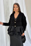 Women's Layered Chiffon Flounce Floral Embossed Gold Buttoned Knitwear Cardigan 1107 - Black - 5