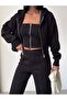 Women's Black Zippered Bustier 3 Threaded Ribbed Triple Tracksuit Set Get26372 - 4